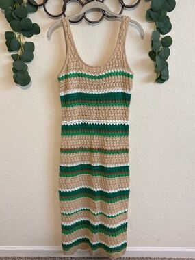 Boho/Festival Crochet Green and Tan Striped Maxi Dress✨